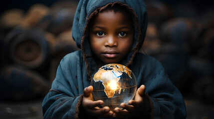 African american little girl holding a globe in her hands. Ecology concept. - obrazy, fototapety, plakaty