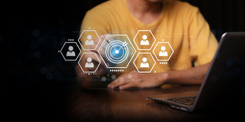 White dartboard and White arrow connection linkage with human icon for customer focus target group...