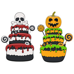 Set of color illustrations with Halloween cake, skull, pumpkin, candy. Isolated vector objects on a white background.