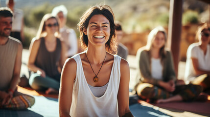 portrait of a happy and smiling yoga teacher in yoga retreat on island. People sitting in lotus position in background, sunny day, natural colors. Generation AI - obrazy, fototapety, plakaty