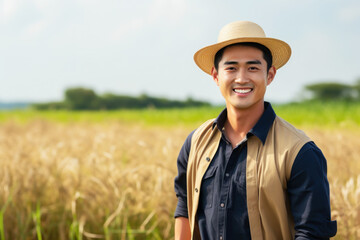 Naklejka na ściany i meble Asian happy farmer man in farm field