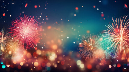 Fototapeta na wymiar Colorful fireworks celebration for New Year or birthday event. Festive background banner