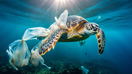 Plastic pollution in ocean environmental problem. Turtles can eat plastic bags mistaking them for jellyfish. Generation AI