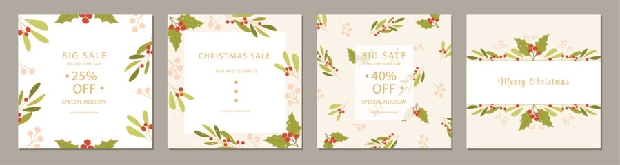 Fototapeta premium set of winter foliage square template. Suitable for social media posts, greeting card, invitation, banner and web ads