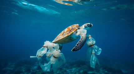 Plastic pollution in ocean environmental problem. Turtles can eat plastic bags mistaking them for jellyfish. Generation AI