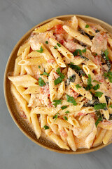 Homemade Creamy Chicken Penne Pasta on a Plate, top view. Flat lay, overhead, from above.