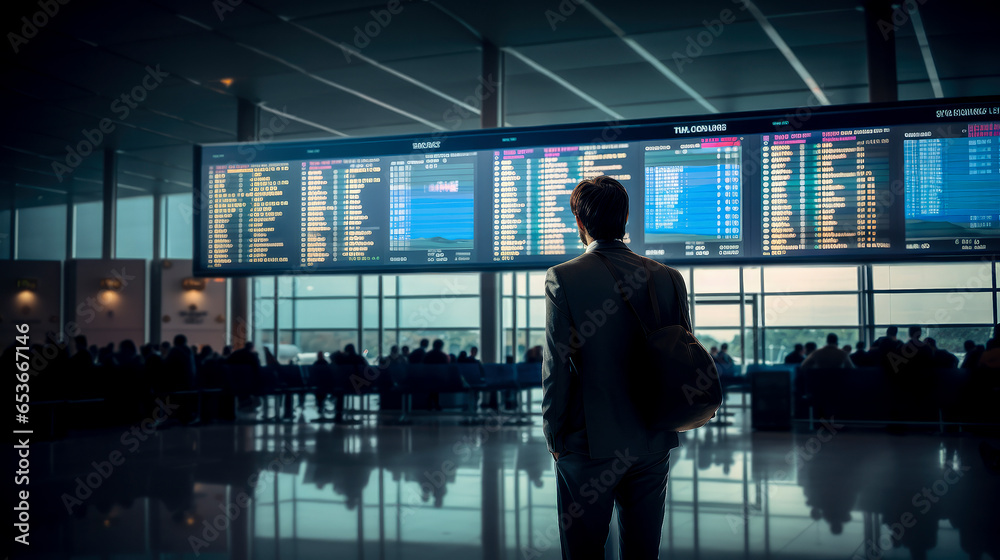 Wall mural business man with backpack in airport departure terminal looking at the flight information board - plane traveling concept - Wall murals
