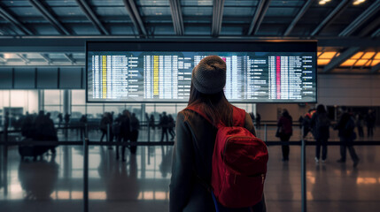 Young woman with backpack in airport departure terminal looking at the flight information board - plane traveling concept
