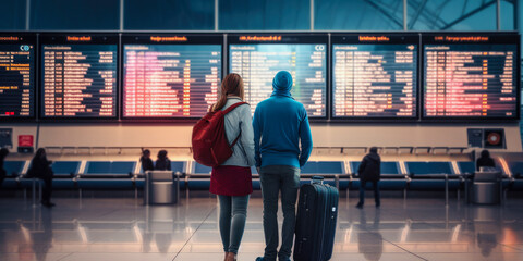 Young couple with suitcases in airport departure terminal looking at the flight information board - plane traveling concept - obrazy, fototapety, plakaty