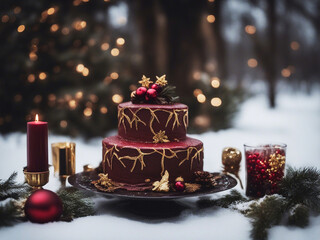 Christmas New Year decorated cake outdoors settings 
