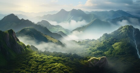 fog-kissed mountain range unveiling the enigmatic dance of shadows and light