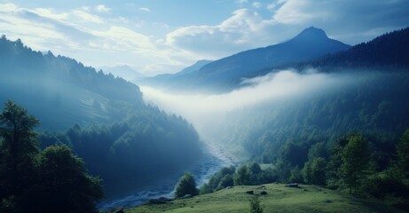 Fototapeta na wymiar fog-enshrouded mountains echoing the silent hymns of unseen realms