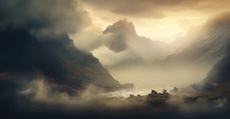 fog-shrouded mountains whispering the enigmatic tales of unseen worlds - obrazy, fototapety, plakaty