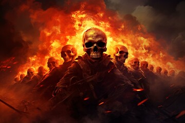 Illustration of burning skulls in the war between Russia and Ukraine. Generative AI