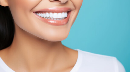 Obraz premium Closeup of woman with a beautiful smile for dental care against a blue background