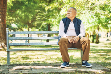Park, thinking and senior man on bench outdoors for fresh air, wellness and relaxing in retirement....