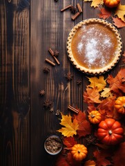 Pumpkin pie on wooden surface, autumn decorations, generative AI
