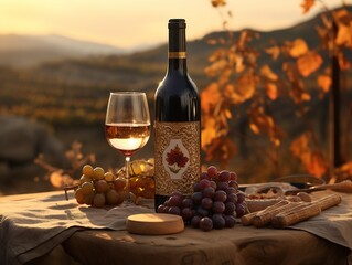 a bottle of wine with a glass, grapes, on a rustic table, vineyard in background, sunset light, warm tones, Generative AI