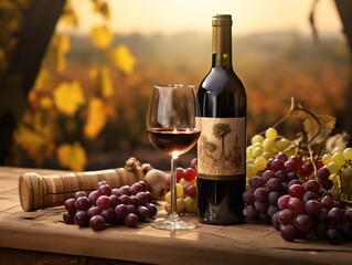 a bottle of wine with a glass, grapes, on a rustic table, vineyard in background, sunset light, warm tones, Generative AI