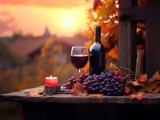 a bottle of wine with a glass, grapes, on a rustic table, vineyard in background, sunset light, warm tones, Generative AI