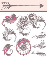 Fototapeta premium Hand drawn doodle boho style dividers, borders, arrows design elements, dream catchers. May be used for wedding invitations, birthday cards, bannersector floral decor set