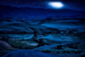 kazakhstan landscape of steppe and stone mountains along the road at night with moon and falling stars - obrazy, fototapety, plakaty