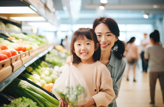 Asian woman and kid girl shopping in the supermarket