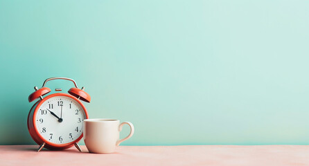 Vintage alarm clock and cup of hot coffee on the uniform pastel backdrop with a copy space. Generative AI