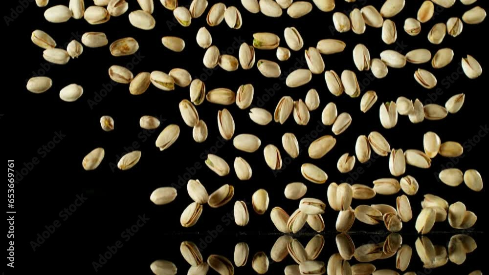 Poster super slow motion of falling pistachio nuts with reflection. isolated on black background. filmed on