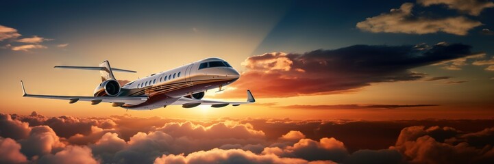 Fototapeta premium Luxury private jet flying above the clouds, beautiful sunset on background. Travel and airplane concept. Generative AI