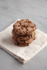 Fresh Dark Chocolate Chip Cookies, side view.