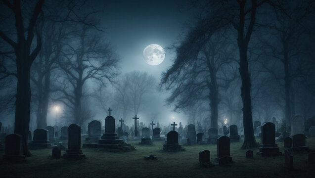 Halloween-themed, Moonlit Graveyard: A digital backdrop depicting a moonlit graveyard with tombstones, fog, and creepy trees, setting a mysterious and chilling atmosphere, generative Ai
