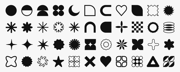 Set of black brutalist abstract geometric shapes and forms. Brutal contemporary figures, stars, flowers and other primitive elements. Trendy Y2K signs and symbols.