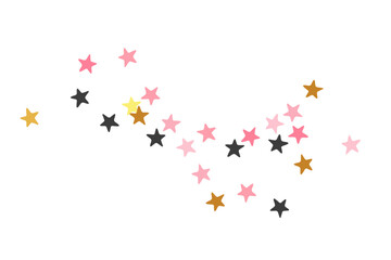 Premium black pink gold stars falling vector texture. Little starburst spangles birthday decoration particles. Party decor stars falling pattern. Sparkle symbols explosion.