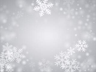 Naklejka na ściany i meble Festive heavy snowflakes backdrop. Snowfall speck ice particles. Snowfall sky white gray background. Bokeh snowflakes december theme. Snow hurricane landscape.