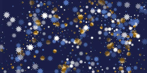 Chic Christmas star vector ornament graphic design. Gold blue white sparkle confetti. Poster