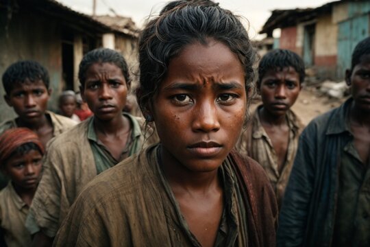The raw and gritty reality of poverty, captured in the faces of a group of lost and hungry people, their eyes filled with longing for a better life.