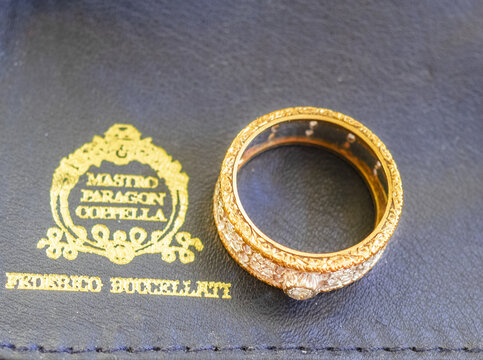 Precious wedding band in yellow and white gold with diamonds by Federico Buccellati.Milan - Italy,28 September 2023