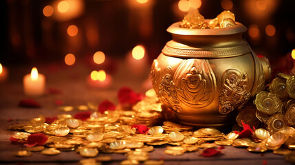 Happy Dhanteras background with golden pot and gold coins - ai generative - obrazy, fototapety, plakaty