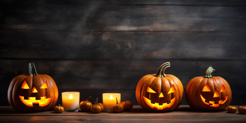 Row of jack-o-lantern pumpkins and candles on wooden table with wooden backdrop. Halloween background. Generative AI