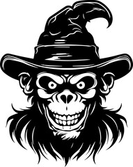 Scary Monkey in witch hat, Monkey head Illustration on a transparent background