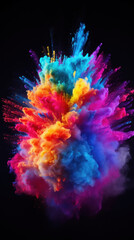 Colorful rainbow holi paint color. Powder explosion isolated on black background.
