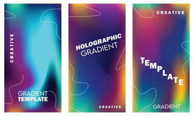 Colorful fluid and wavy gradient mesh background template copy space set. Dynamic colour gradation flow backdrop holo design for poster, banner, flyer, magazine, cover, brochure, festival, or event
