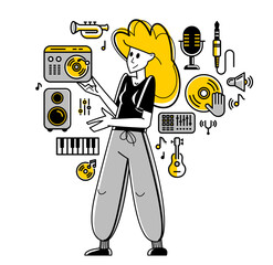 Sound engineer mixing new song in audio recording studio, vector outline illustration of a musician composer doing his job producing new beat.