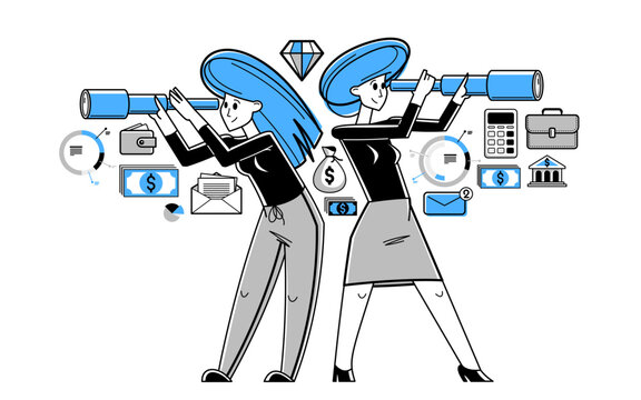 women looking through telescope, finance concept clip art preview