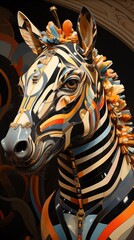 Close up of zebra statue on black background.