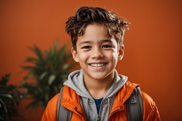 Portrait of happy schoolboy with backpack on solid orange background. Generative Ai. - obrazy, fototapety, plakaty