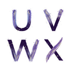 Watercolor violet abstract alphabet with gold splashes. Letters - 653672797