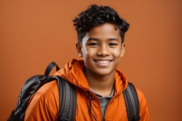 Portrait of happy schoolboy with backpack on solid orange background. Generative Ai.