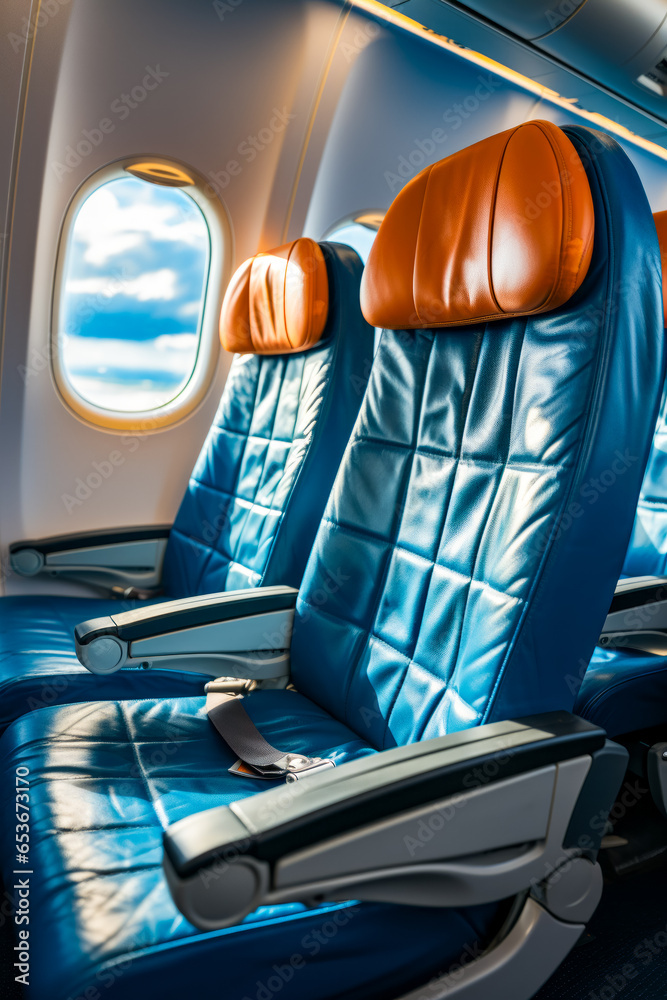 Sticker Row of seats in airplane with view of the sky.